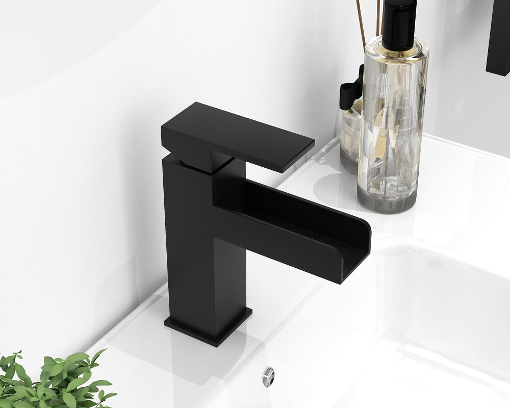 HMR Modern Single Handle 1-Hole Waterfall Bathroom Sink Faucet - Matte Black