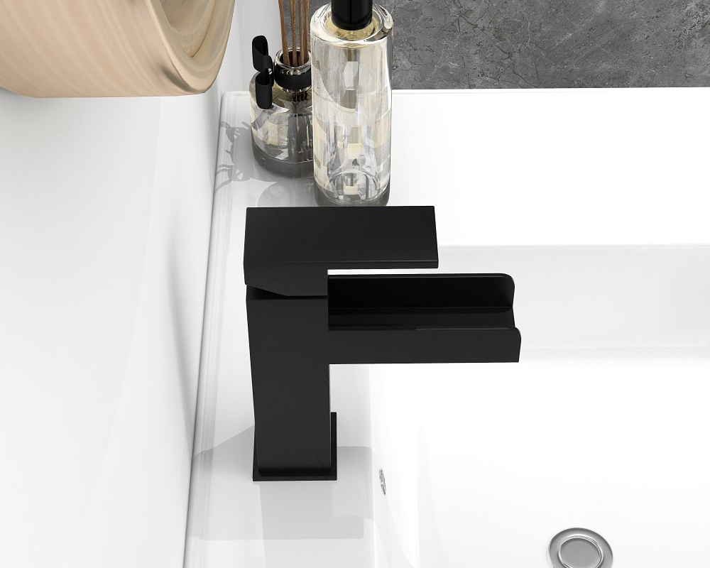HMR Modern Single Handle 1-Hole Waterfall Bathroom Sink Faucet - Matte Black