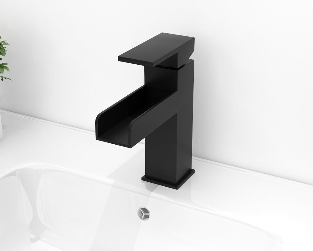 HMR Modern Single Handle 1-Hole Waterfall Bathroom Sink Faucet - Matte Black