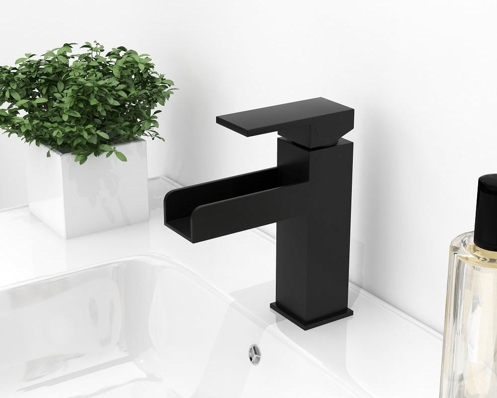 HMR Modern Single Handle 1-Hole Waterfall Bathroom Sink Faucet - Matte Black