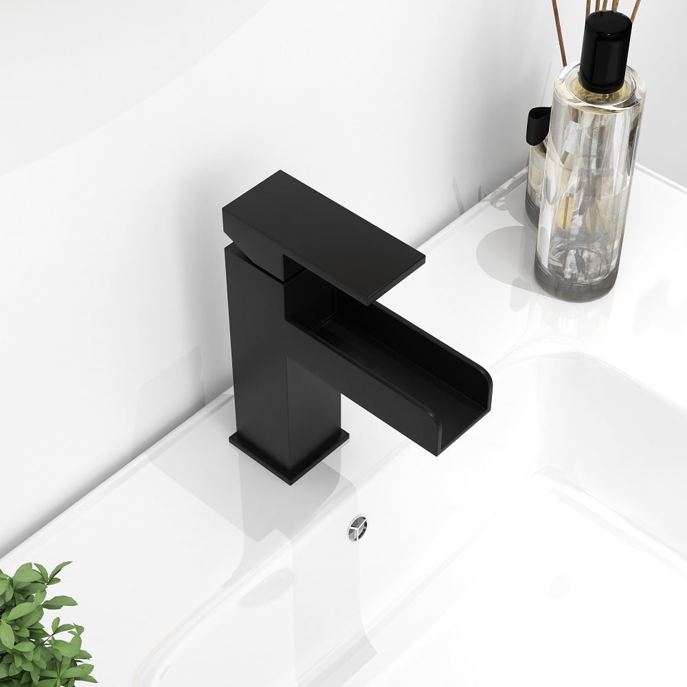 HMR Modern Single Handle 1-Hole Waterfall Bathroom Sink Faucet - Matte Black