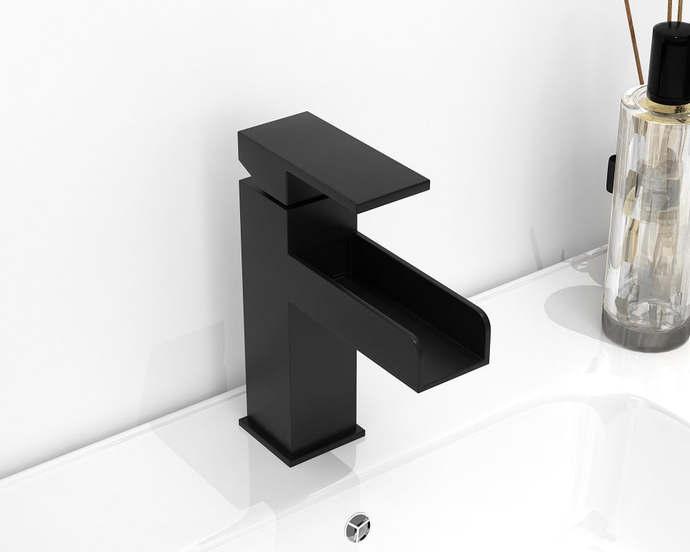 HMR Modern Single Handle 1-Hole Waterfall Bathroom Sink Faucet - Matte Black