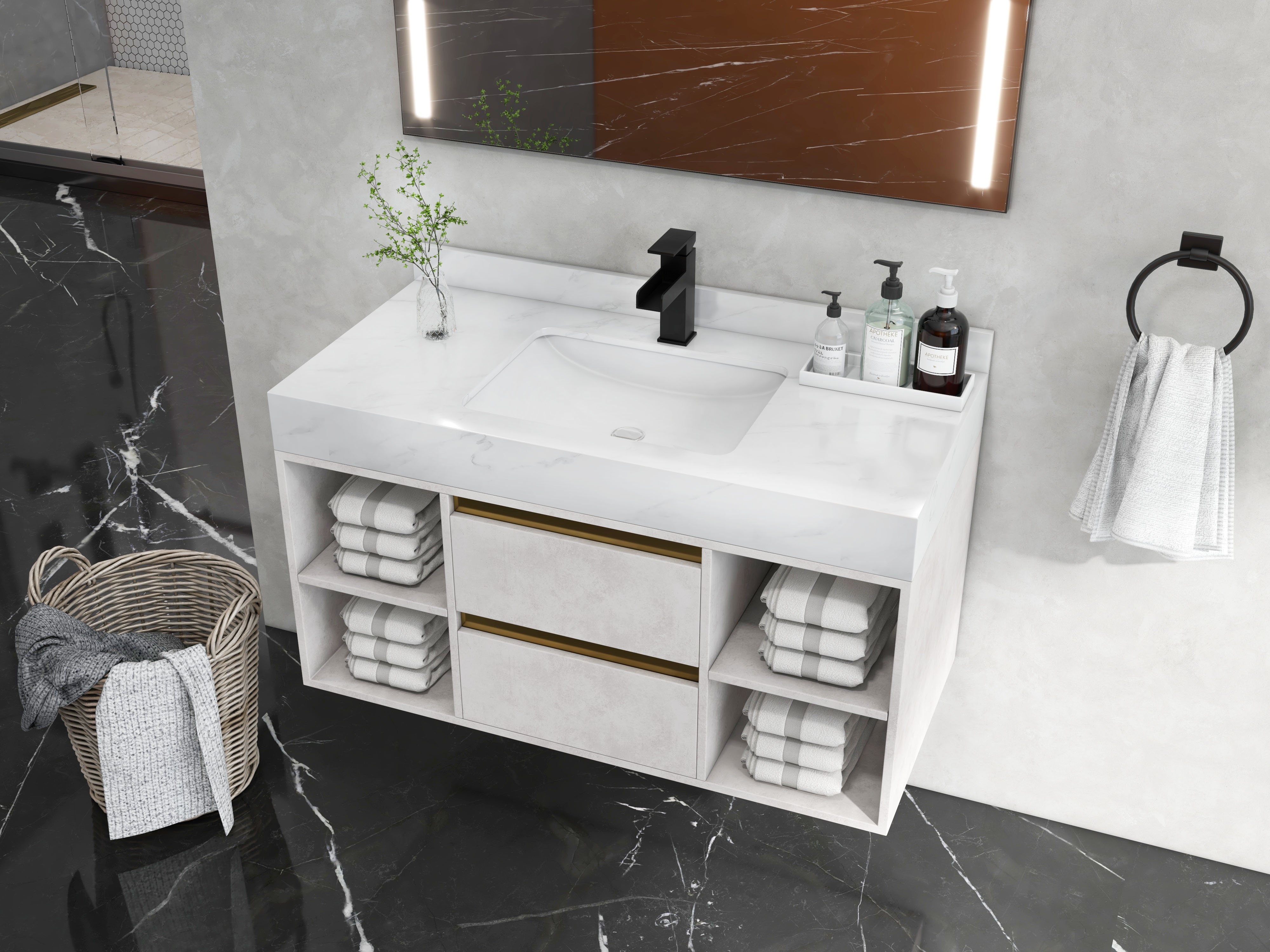 HMR Modern Single Handle 1-Hole Waterfall Bathroom Sink Faucet - Matte Black