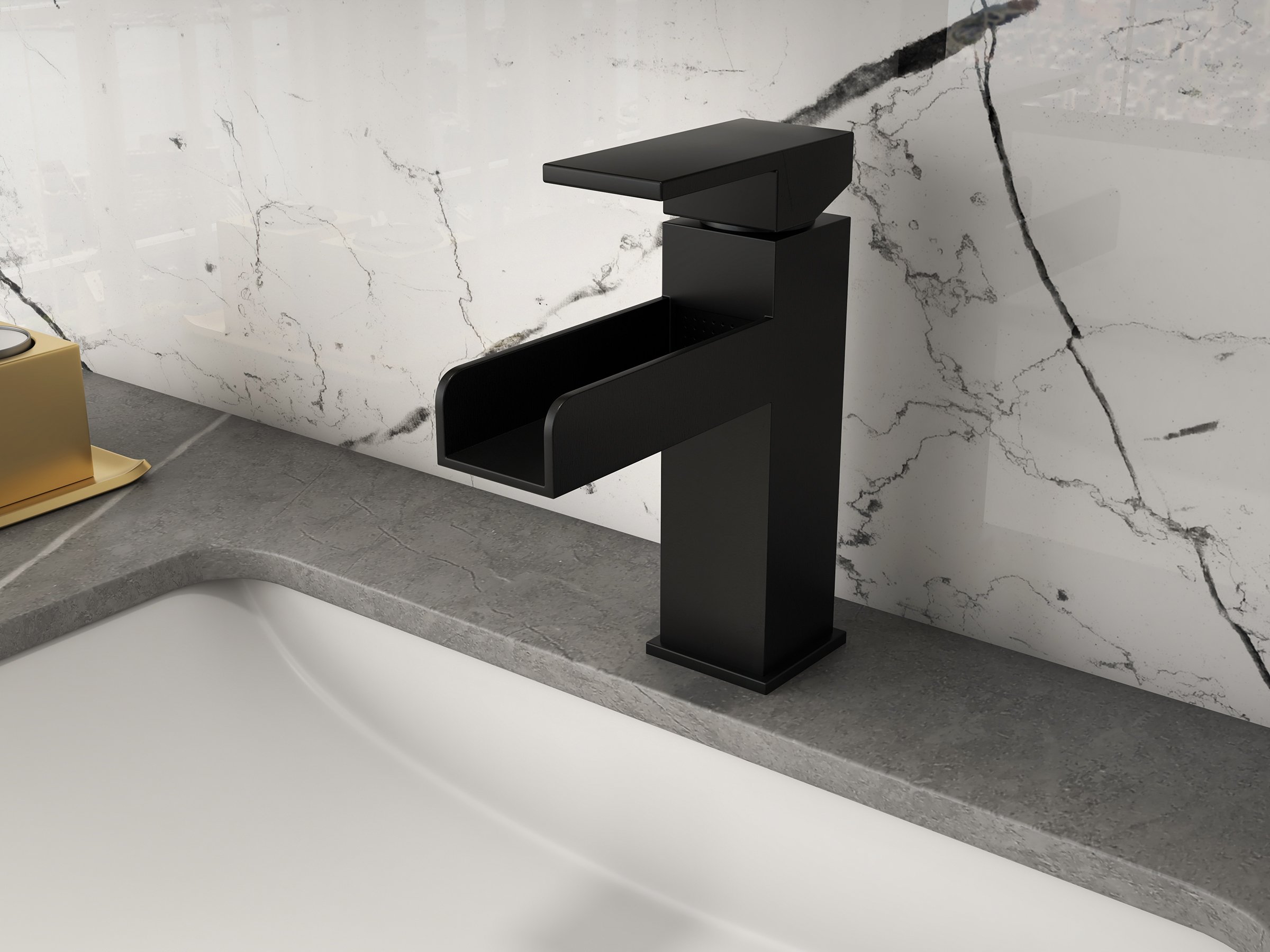 HMR Modern Single Handle 1-Hole Waterfall Bathroom Sink Faucet - Matte Black