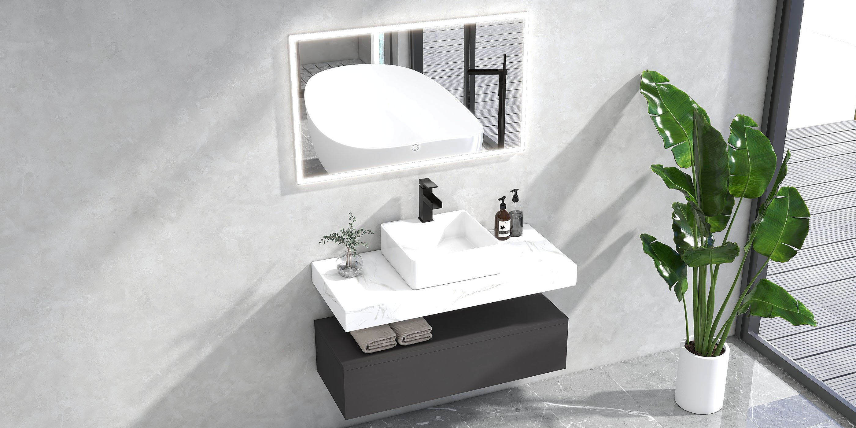 HMR Modern Single Handle 1-Hole Waterfall Bathroom Sink Faucet - Matte Black