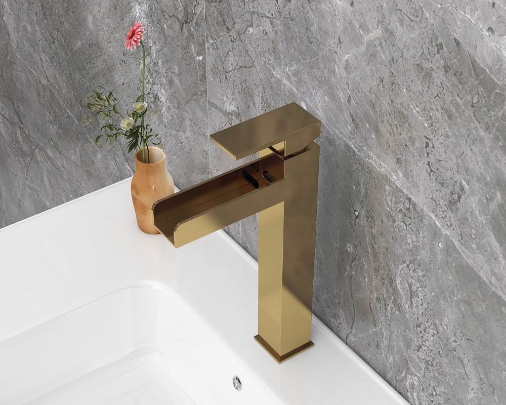 HMR Modern Waterfall Bathroom Vessel Sink Faucet - Brushed Gold