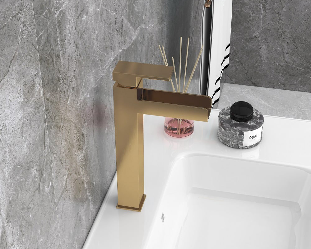 HMR Modern Waterfall Bathroom Vessel Sink Faucet - Brushed Gold