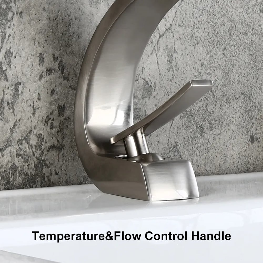 HMR Modern 1-Handle C-Shaped Curved Spout Bathroom Sink Faucet with Pop Up Drain - Brushed Nickel