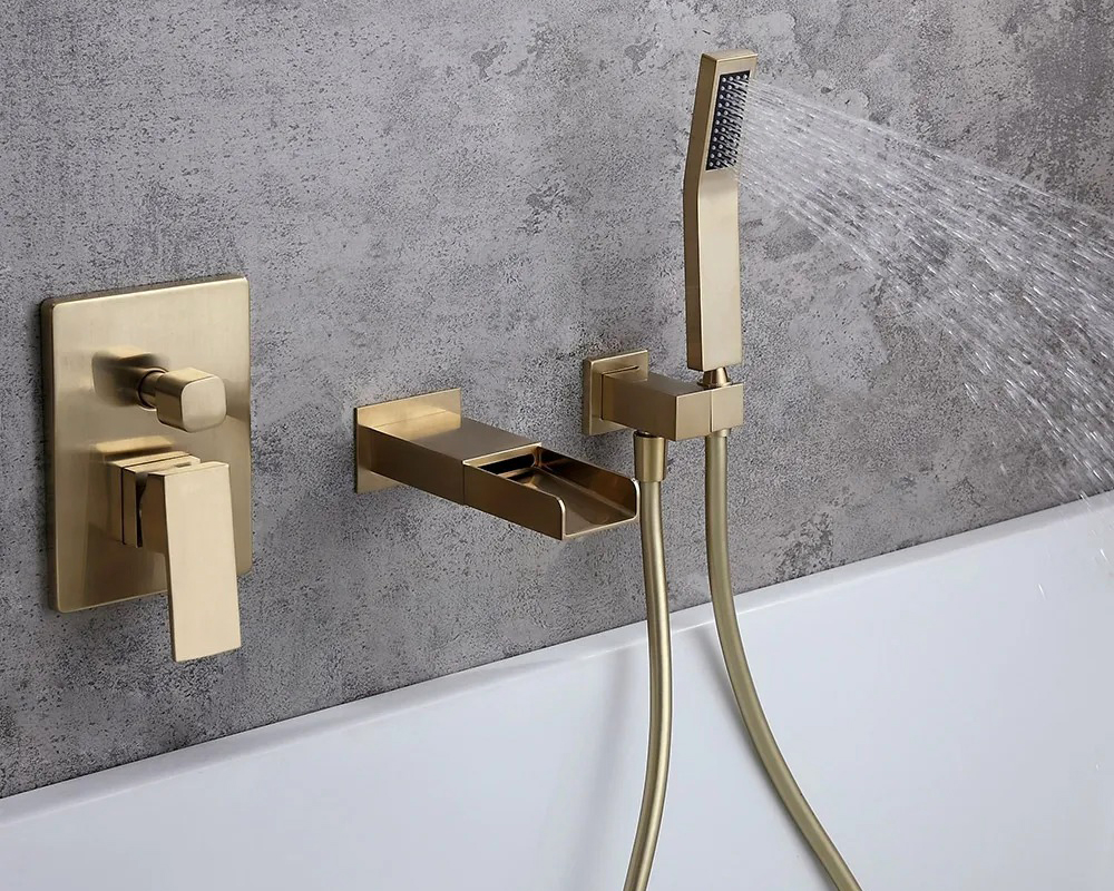 HMR Modern Waterfall Wall-Mount Bathtub Faucet with Handshower - Brushed Gold