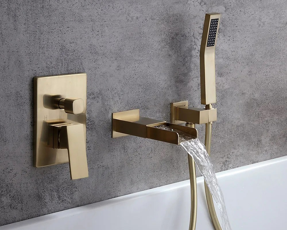 HMR Modern Waterfall Wall-Mount Bathtub Faucet with Handshower - Brushed Gold