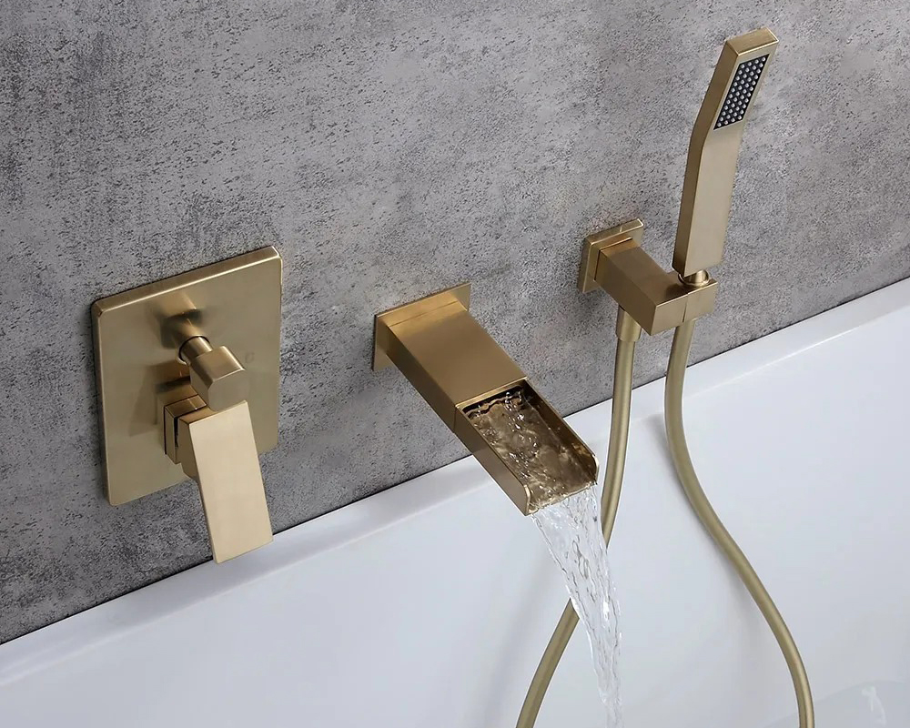 HMR Modern Waterfall Wall-Mount Bathtub Faucet with Handshower - Brushed Gold