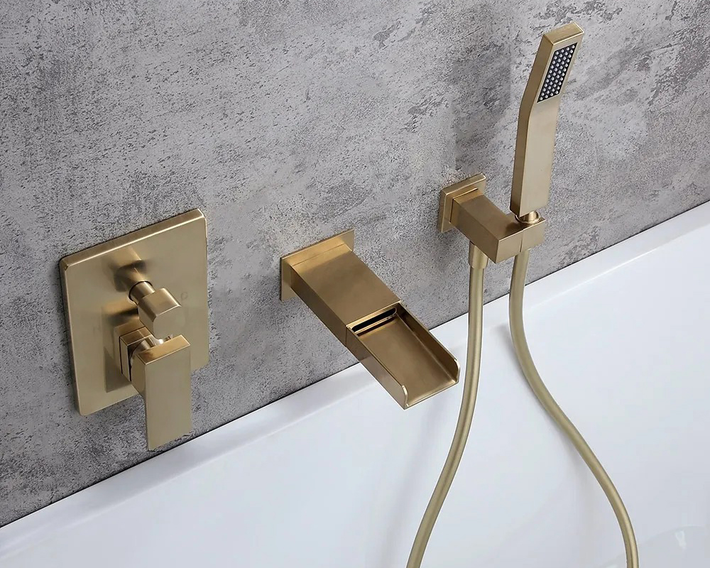 HMR Modern Waterfall Wall-Mount Bathtub Faucet with Handshower - Brushed Gold