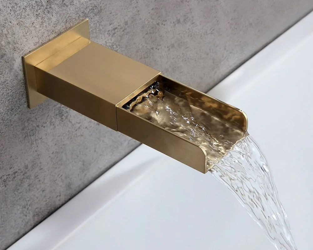 HMR Modern Waterfall Wall-Mount Bathtub Faucet with Handshower - Brushed Gold