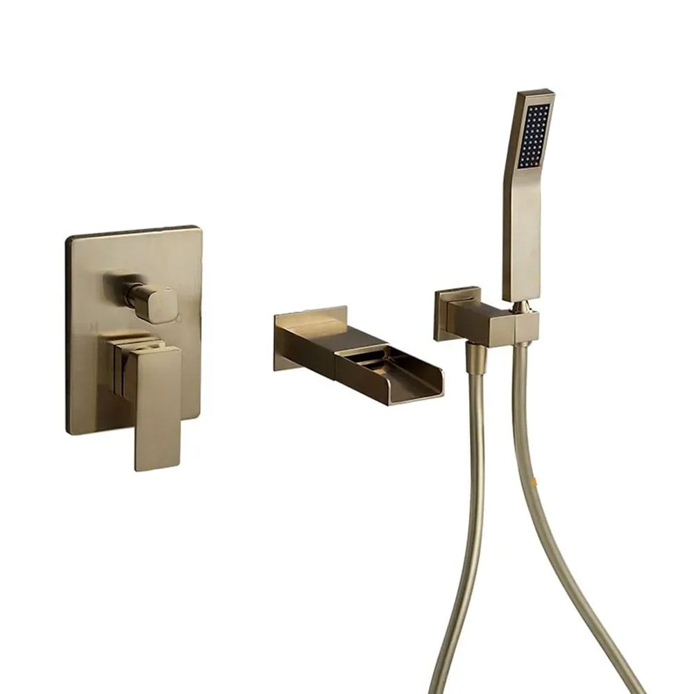 HMR Modern Waterfall Wall-Mount Bathtub Faucet with Handshower - Brushed Gold