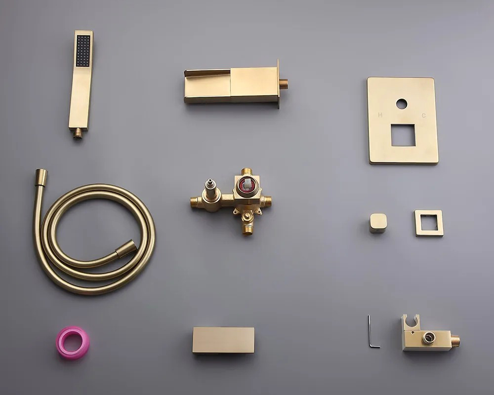 HMR Modern Waterfall Wall-Mount Bathtub Faucet with Handshower - Brushed Gold