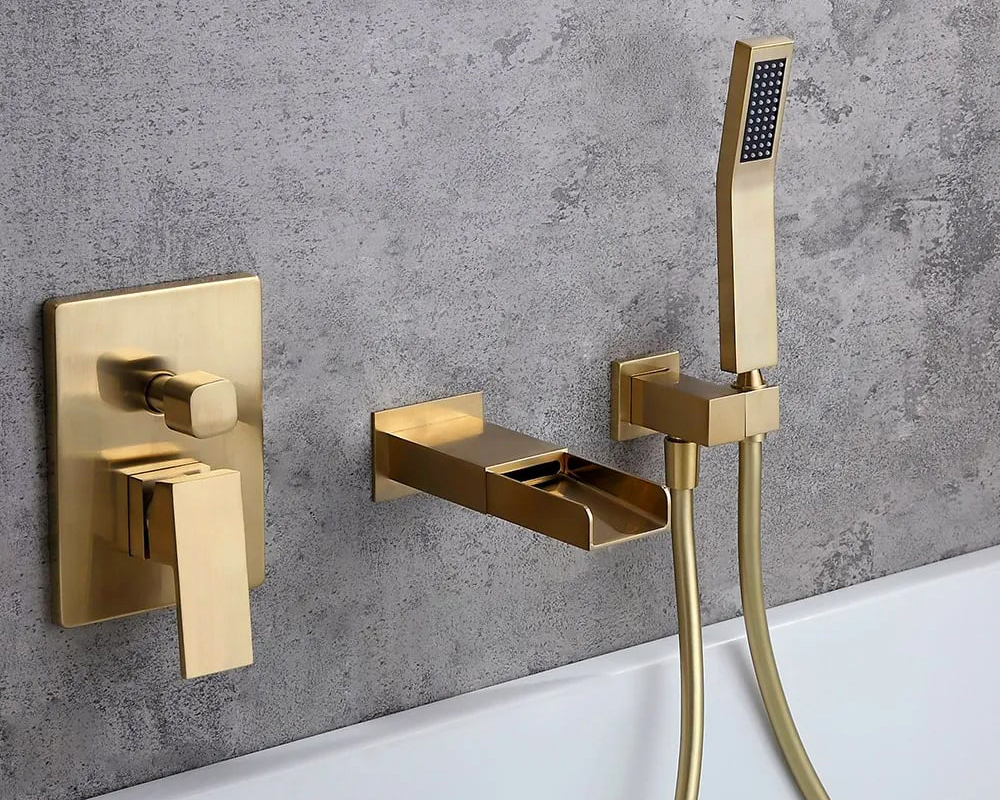 HMR Modern Waterfall Wall-Mount Bathtub Faucet with Handshower - Brushed Gold