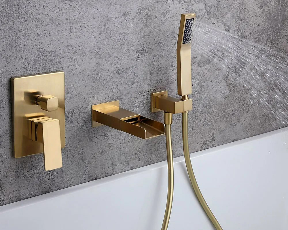 HMR Modern Waterfall Wall-Mount Bathtub Faucet with Handshower - Brushed Gold