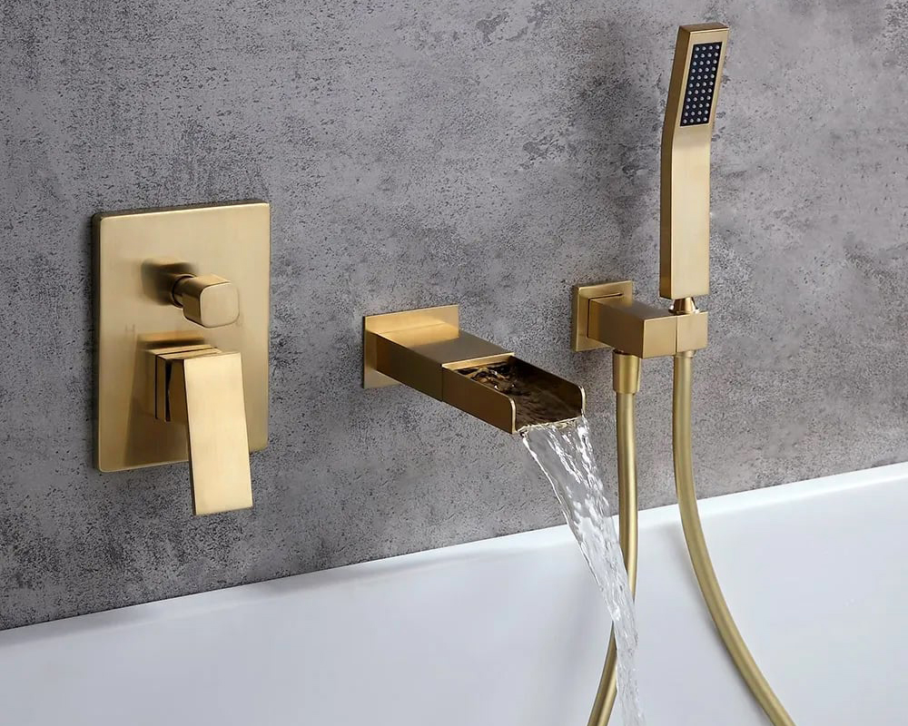 HMR Modern Waterfall Wall-Mount Bathtub Faucet with Handshower - Brushed Gold