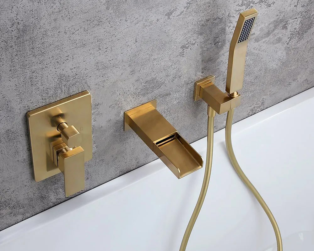 HMR Modern Waterfall Wall-Mount Bathtub Faucet with Handshower - Brushed Gold