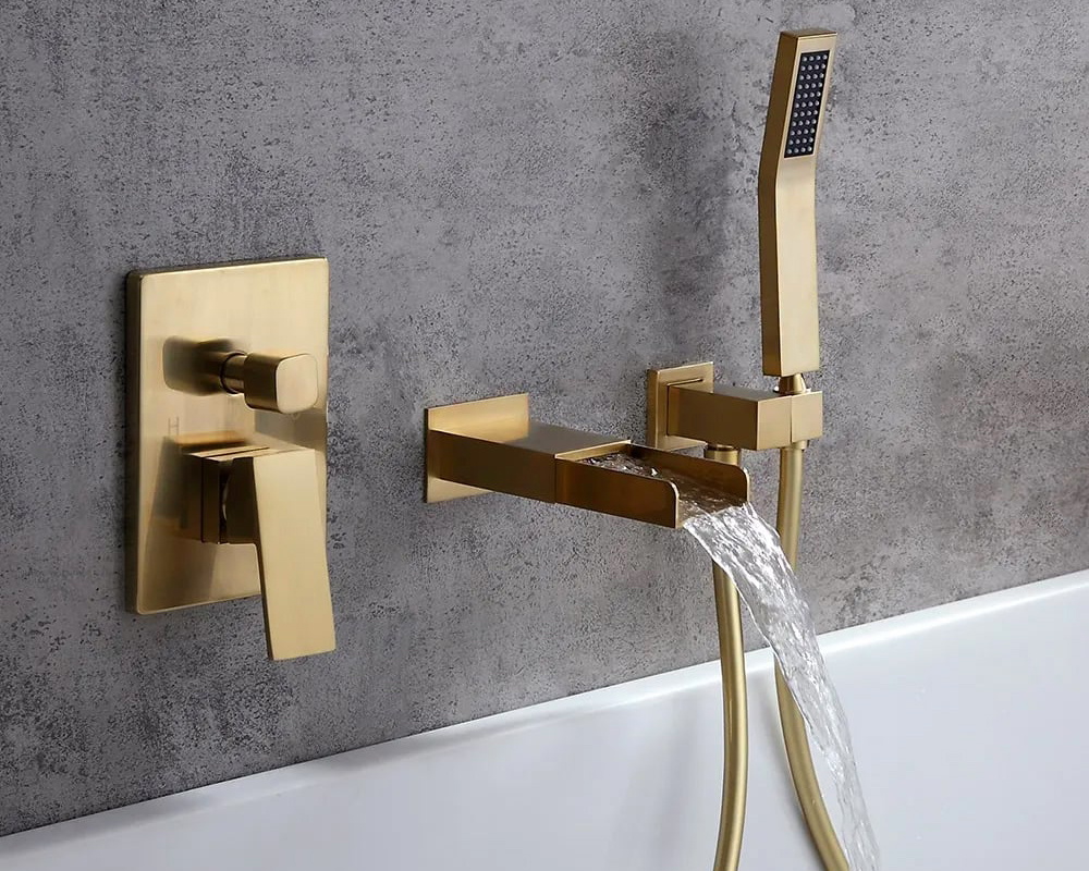 HMR Modern Waterfall Wall-Mount Bathtub Faucet with Handshower - Brushed Gold