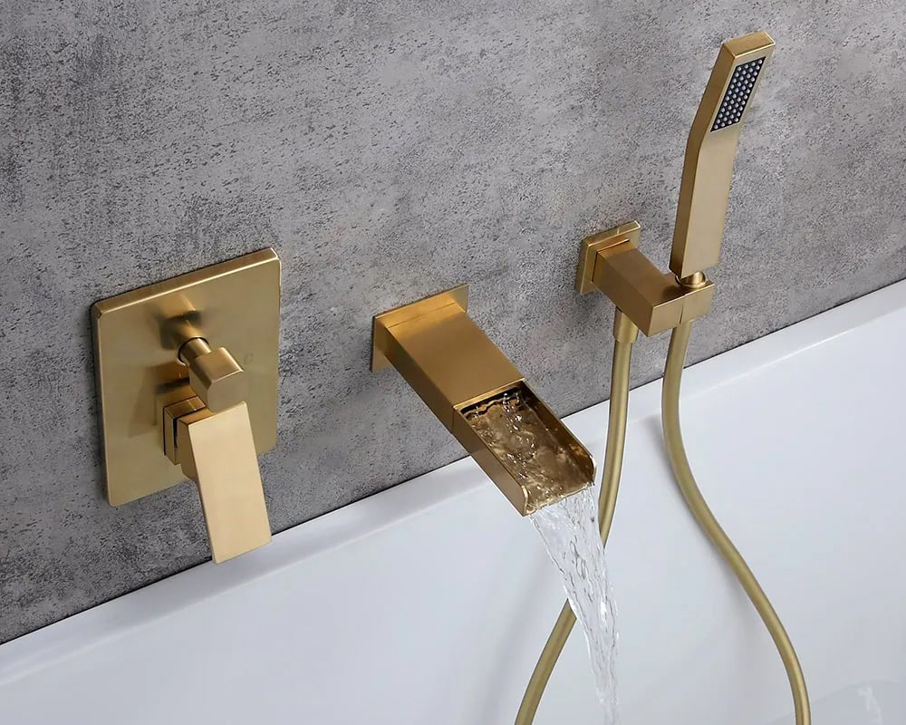 HMR Modern Waterfall Wall-Mount Bathtub Faucet with Handshower - Brushed Gold