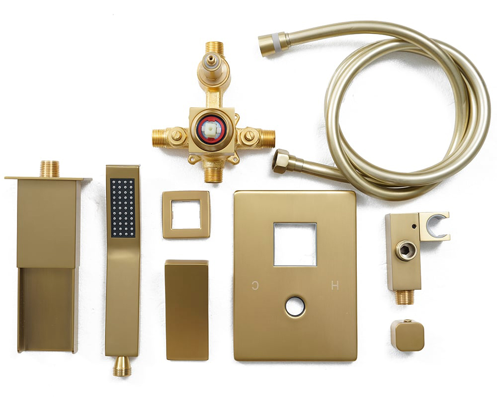 HMR Modern Waterfall Wall-Mount Bathtub Faucet with Handshower - Brushed Gold