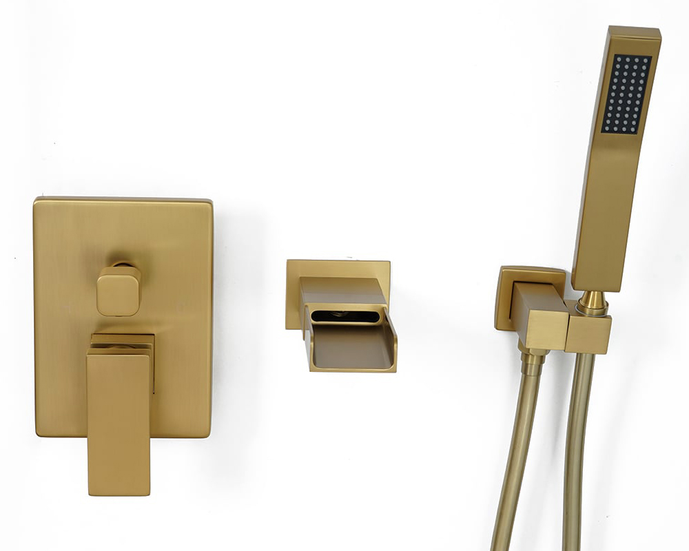 HMR Modern Waterfall Wall-Mount Bathtub Faucet with Handshower - Brushed Gold