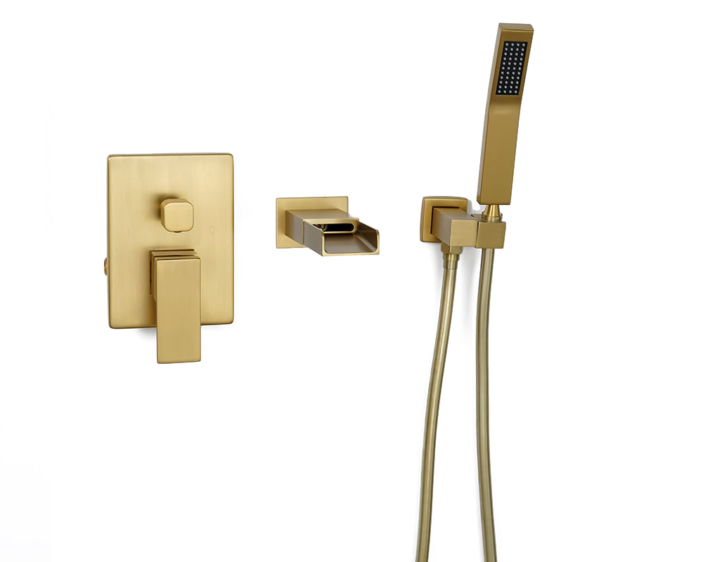 HMR Modern Waterfall Wall-Mount Bathtub Faucet with Handshower - Brushed Gold