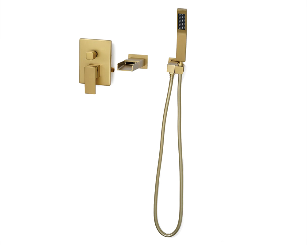 HMR Modern Waterfall Wall-Mount Bathtub Faucet with Handshower - Brushed Gold