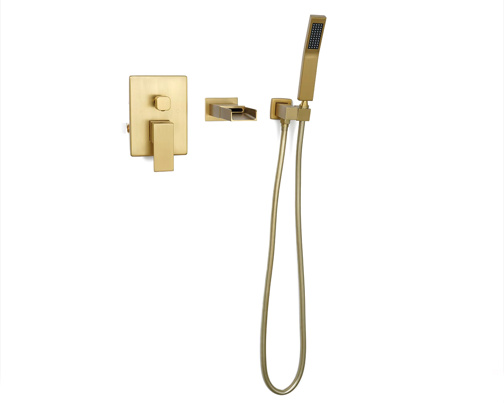 HMR Modern Waterfall Wall-Mount Bathtub Faucet with Handshower - Brushed Gold