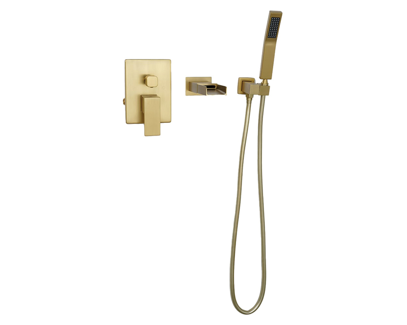 HMR Modern Waterfall Wall-Mount Bathtub Faucet with Handshower - Brushed Gold