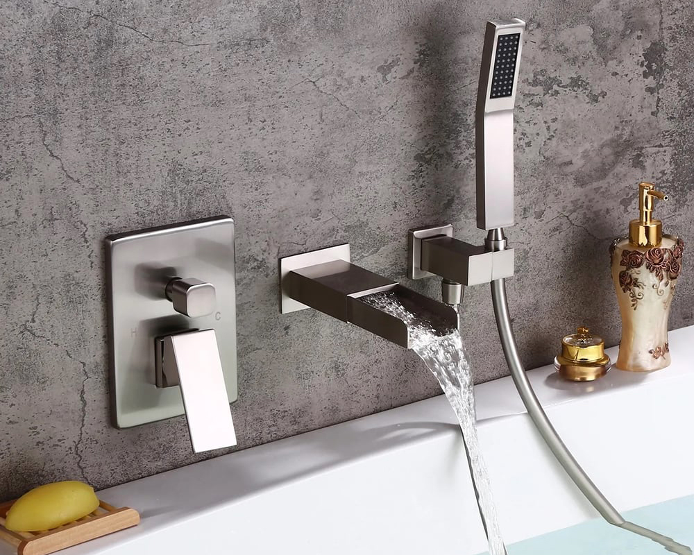 HMR Modern Waterfall Wall-Mount Bathtub Faucet with Handshower - Brushed Nickel