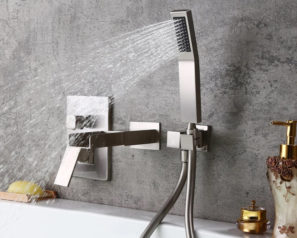 HMR Modern Waterfall Wall-Mount Bathtub Faucet with Handshower - Brushed Nickel