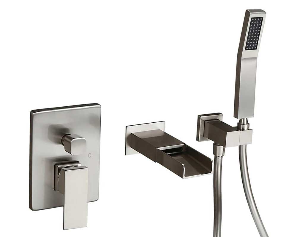 HMR Modern Waterfall Wall-Mount Bathtub Faucet with Handshower - Brushed Nickel