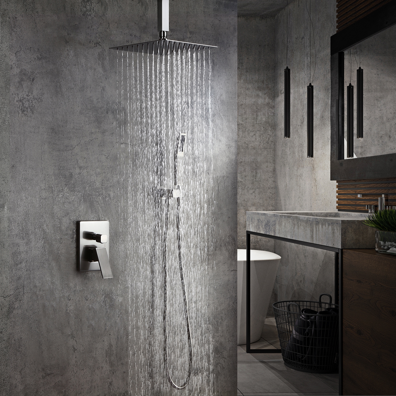 HMR - Ceiling Mount Shower System with Pressure Balance Valve and Trim in 12", Brushed Nickel