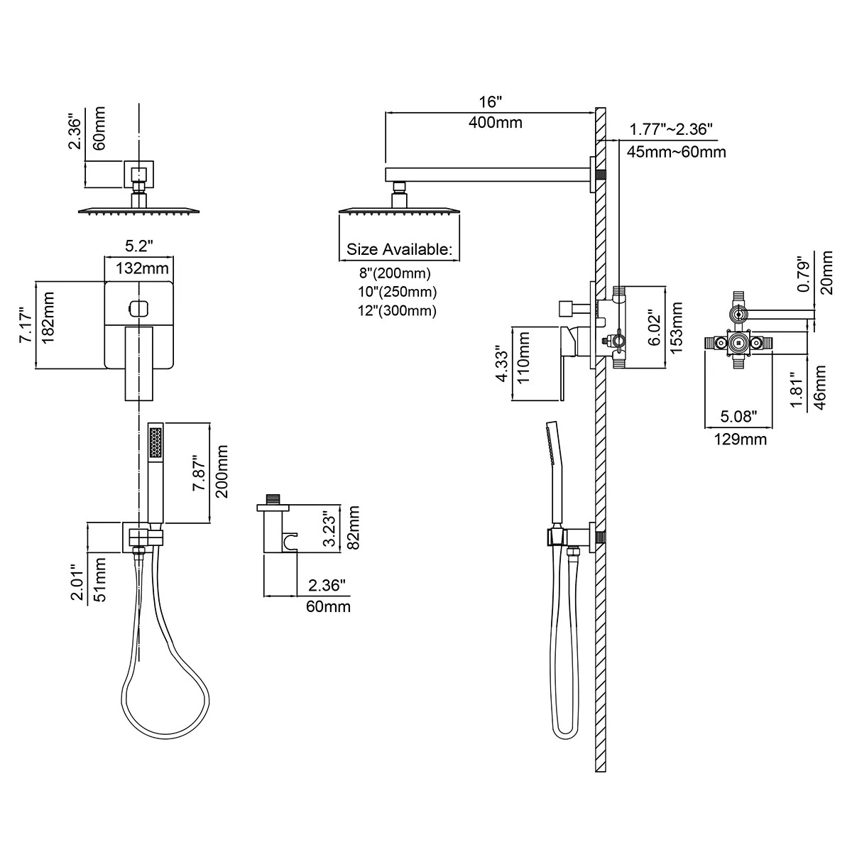 HMR - Wall Mounted Shower System with Handheld Pressure Balance Valve in 12"