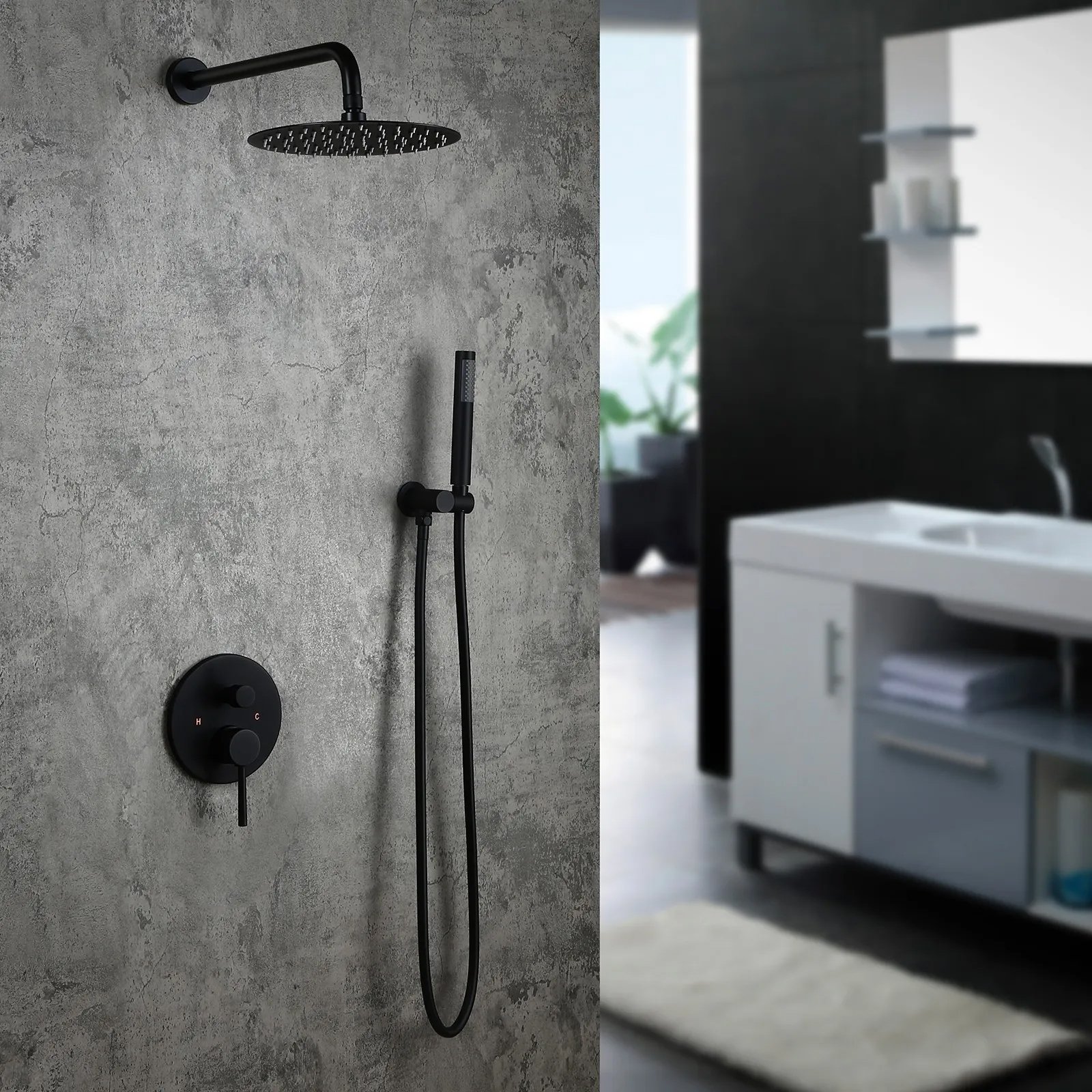 HMR Modern 12" Wall Mounted Rain Shower System with Handheld Shower Set - Black