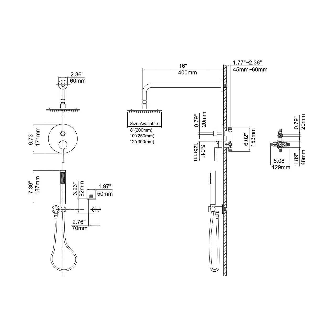 HMR Modern 12" Wall Mounted Rain Shower System with Handheld Shower Set - Black