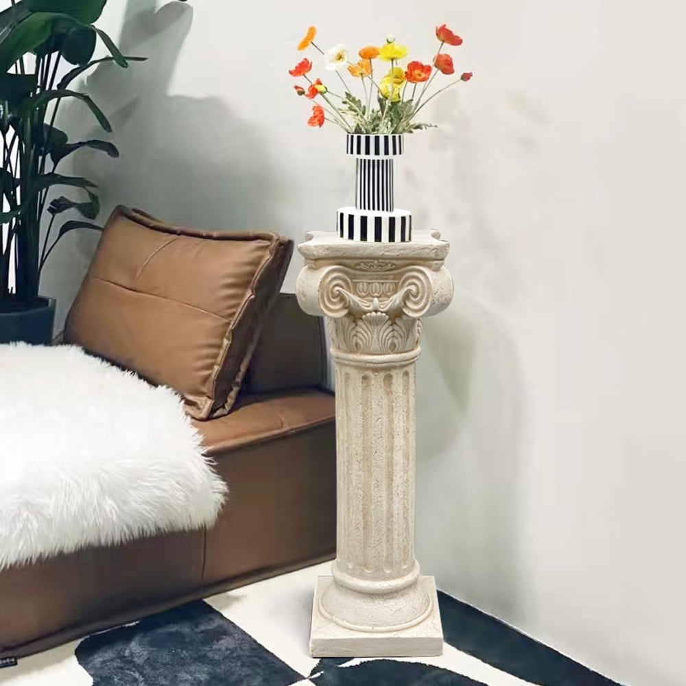 HMR - 32.3" Tall Vintage Corinthian Pillars Square Pedestal Plant Stand Indoor Decor Art White