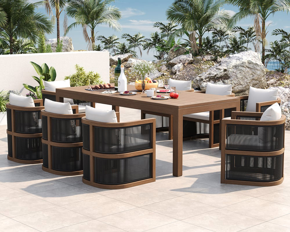 HMR Outdoor Dining Set For 8 with Rectangle Table & Rope Woven Armchair - Natural, 9-Pieces