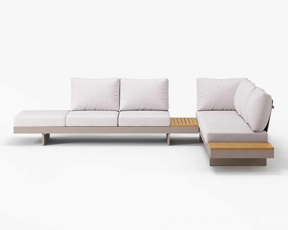 HMR 4-Pieces Modular Aluminum & Teak Outdoor Sofa Set for 6 Person - Light Gray