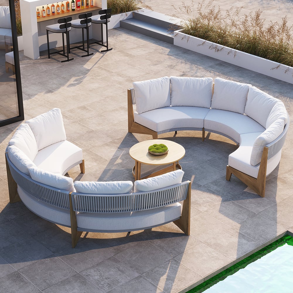 HMR - 8 Pieces Farmhouse Curved Modular Outdoor Patio Sectional Sofa Set with Coffee Table
