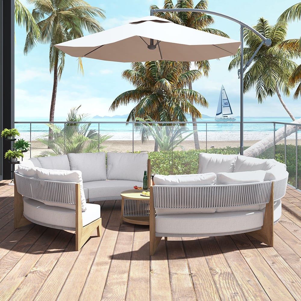 HMR - 8 Pieces Farmhouse Curved Modular Outdoor Patio Sectional Sofa Set with Coffee Table