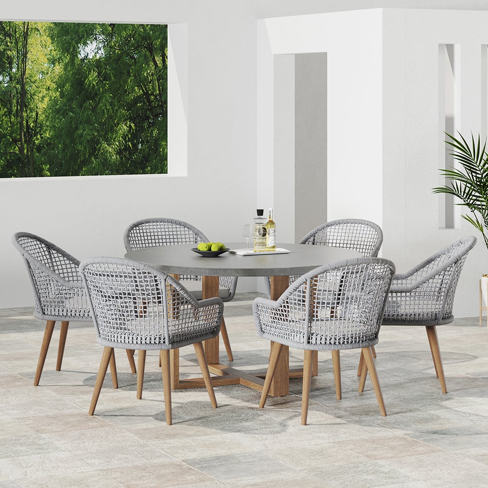 HMR - 7-Pieces Teak Round Outdoor Concrete Dining Set with Gray Table Woven Armchair 6-Person