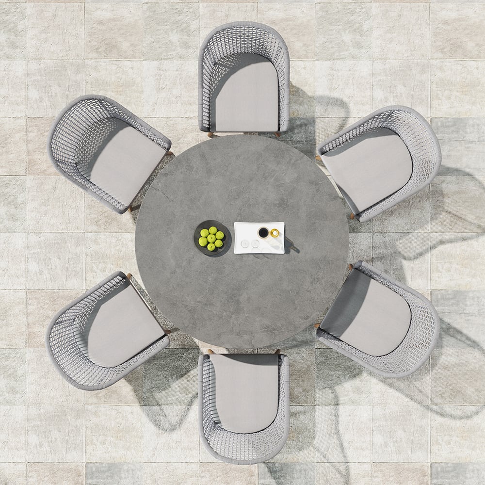 HMR - 7-Pieces Teak Round Outdoor Concrete Dining Set with Gray Table Woven Armchair 6-Person