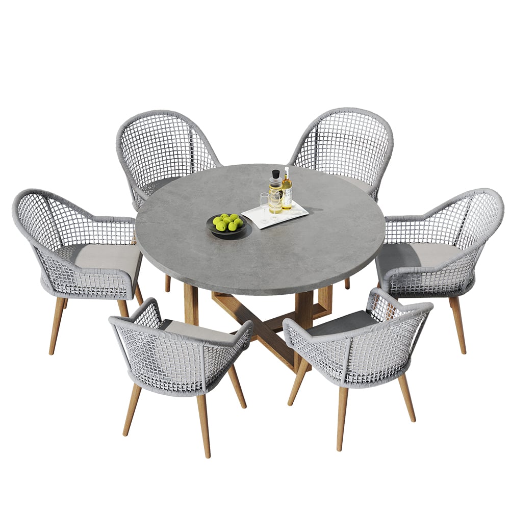 HMR - 7-Pieces Teak Round Outdoor Concrete Dining Set with Gray Table Woven Armchair 6-Person