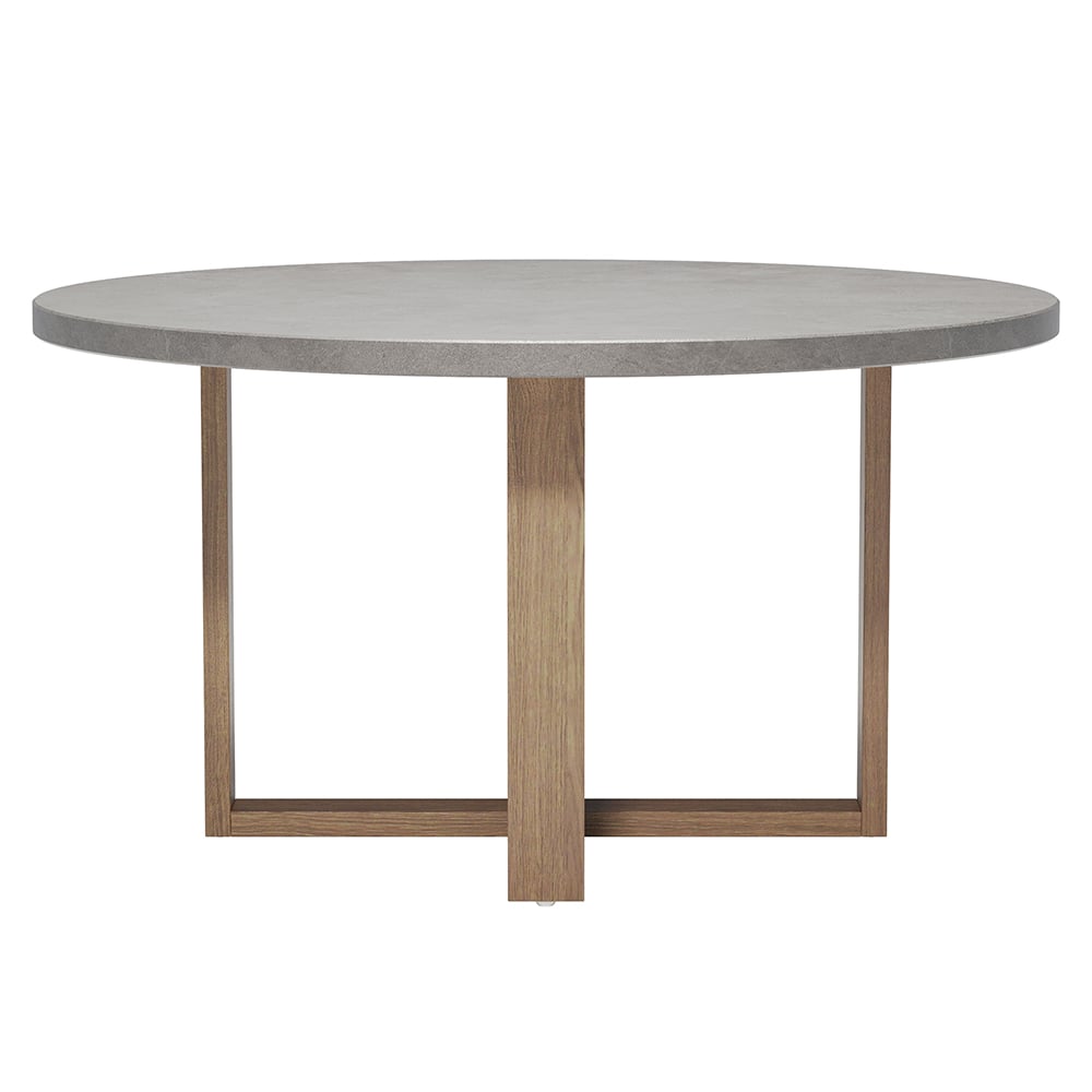 HMR - 7-Pieces Teak Round Outdoor Concrete Dining Set with Gray Table Woven Armchair 6-Person