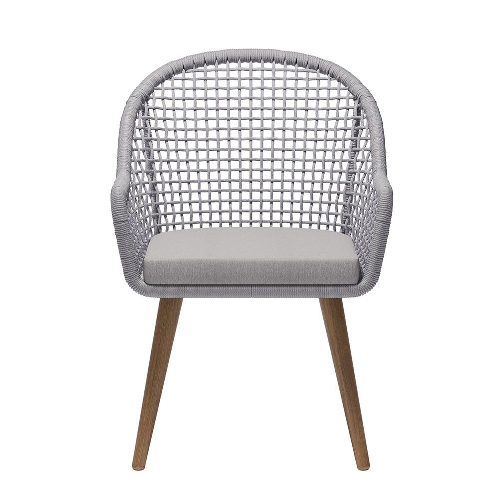 HMR - 7-Pieces Teak Round Outdoor Concrete Dining Set with Gray Table Woven Armchair 6-Person