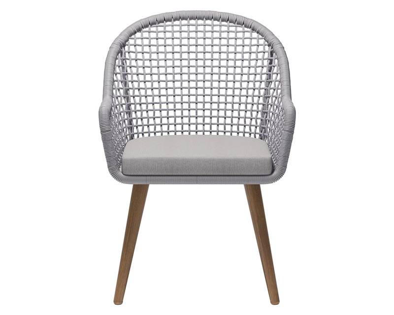 HMR - 7-Pieces Teak Round Outdoor Concrete Dining Set with Gray Table Woven Armchair 6-Person