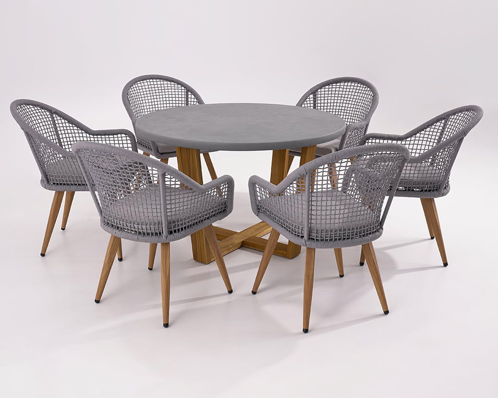 HMR - 7-Pieces Teak Round Outdoor Concrete Dining Set with Gray Table Woven Armchair 6-Person